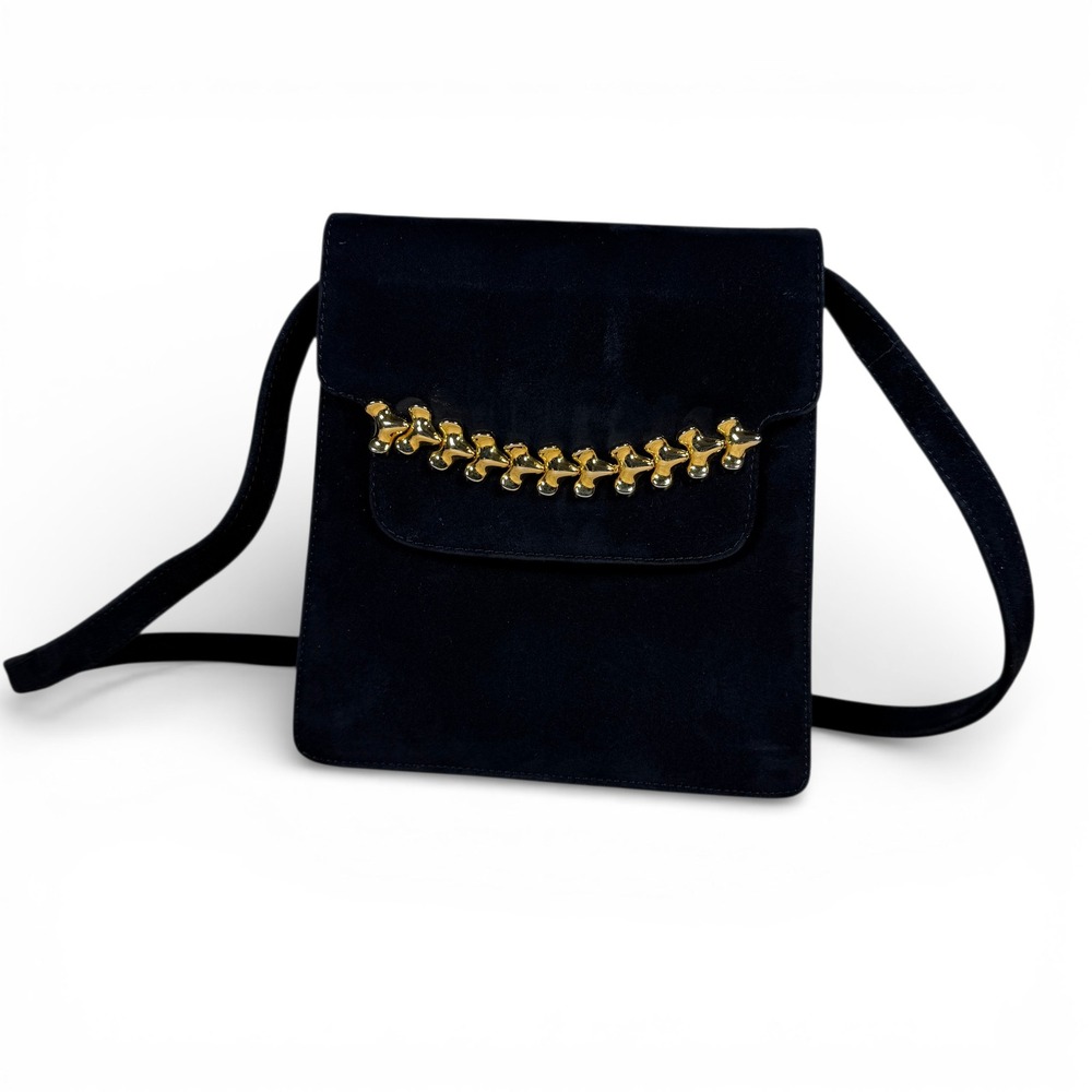 Olivenzo Battaglia Baldinini Black Suede Crossbody Bag‎ Gold Hardware Italy Made